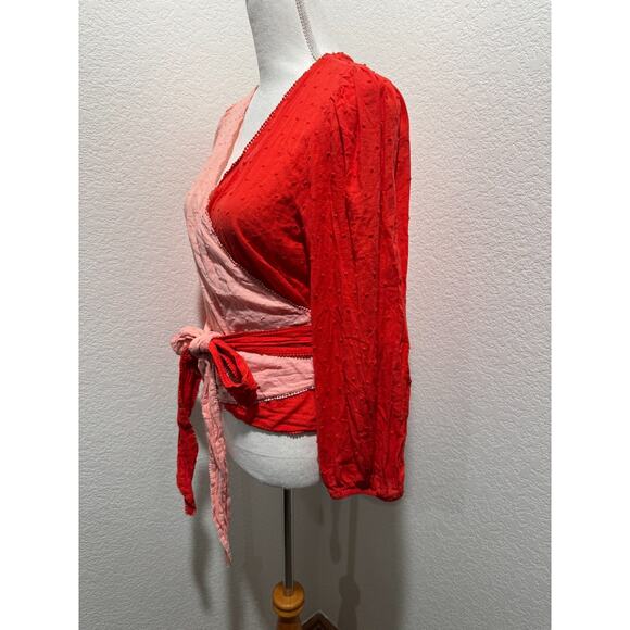Farm Rio for Anthropologie Color Block Wrap Top Sz M Peach Red Orange - Picture 4 of 9